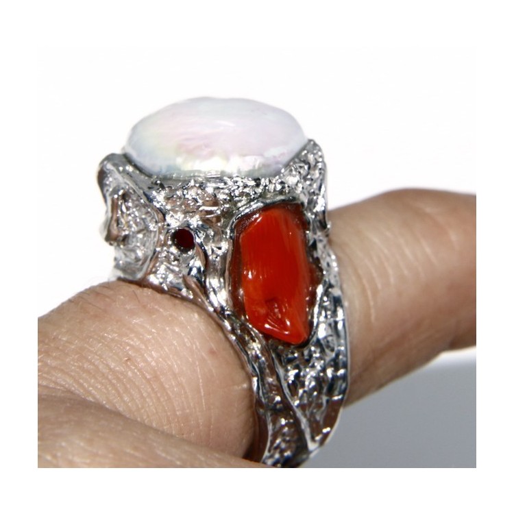 NLB|925: Adjustable Women's Ring handmade with natural gems and true red coral round bead