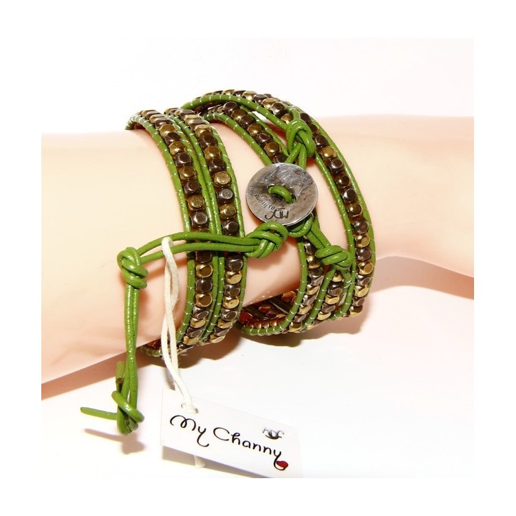 NLB|925: Bracelet Man Woman HIP HOP nuggets golden antiqued leather more 'turns green apple