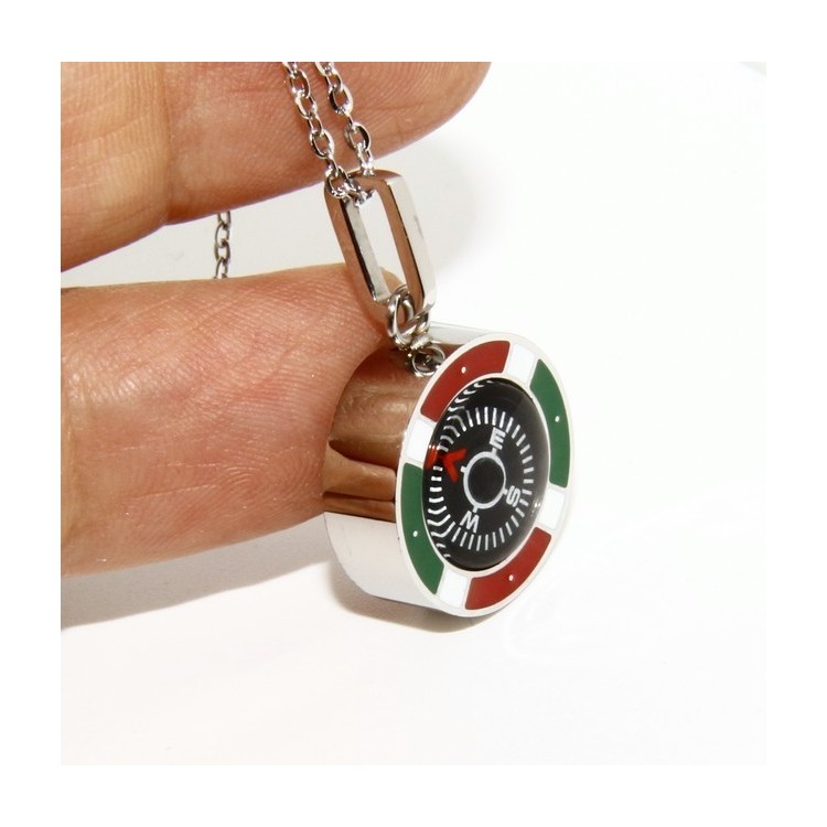 NLB|Steel: Exclusive necklace rolo 'man woman pendant Italian flag and compass