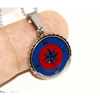 NLB|Acciaio : collana forzatina con pendente tondo rosa dei venti smaltato rosso blu