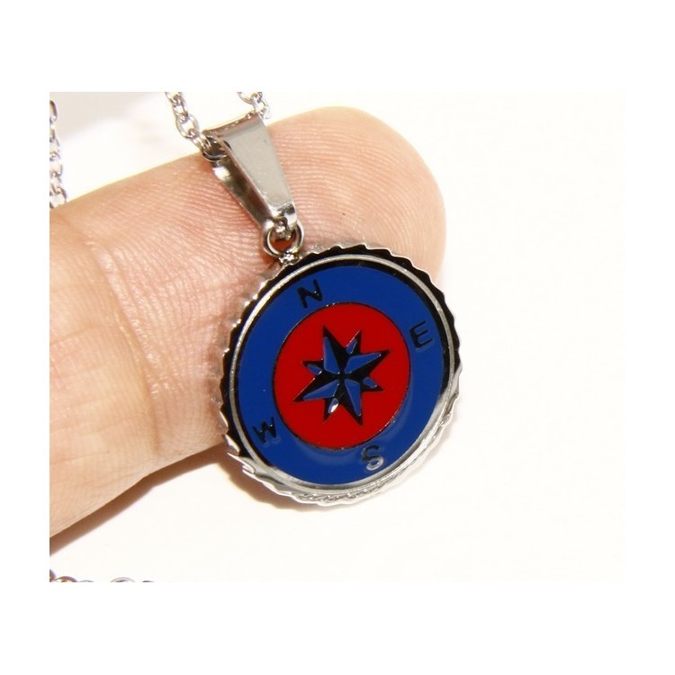 NLB|Steel: forzatina necklace with  round pendant windrose red blue enamelled