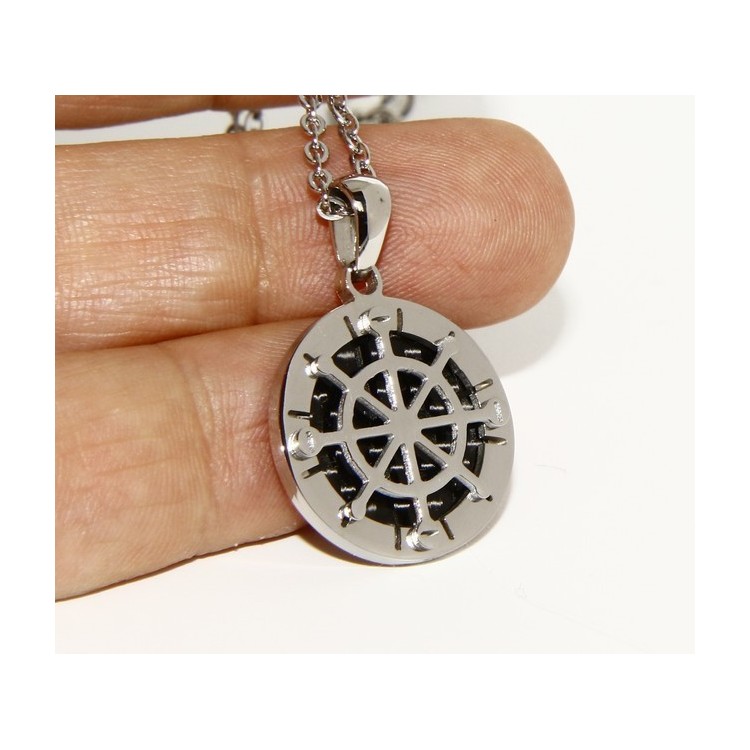 NLB|Steel: forzatina necklace with round pendant Rudder black background.