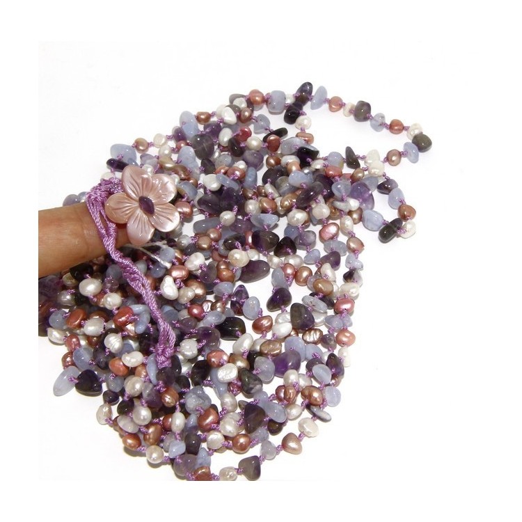 NLB|Necklace by Donna Collier Cleopatra 8 wires amethyst chalcedony and natural pearls