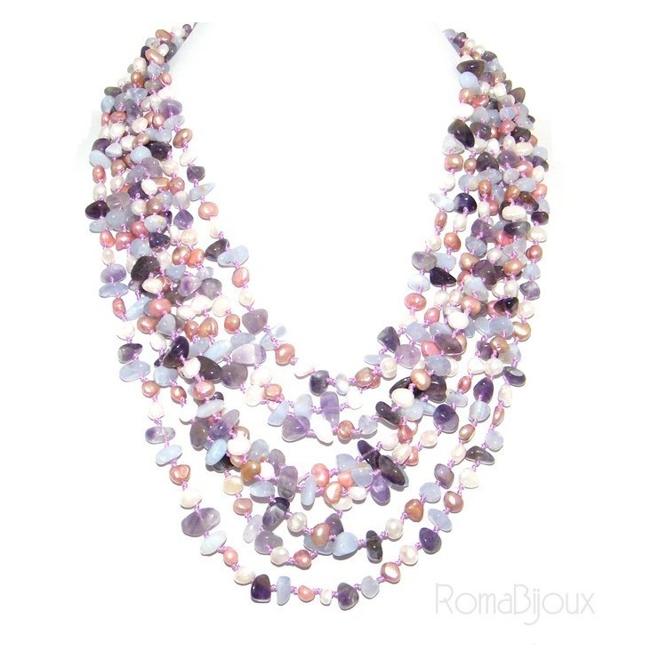 NLB|Necklace by Donna Collier Cleopatra 8 wires amethyst chalcedony and natural pearls