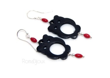 NLB|Women's earrings 925 stamped silver ebony owl and natural red coral beads