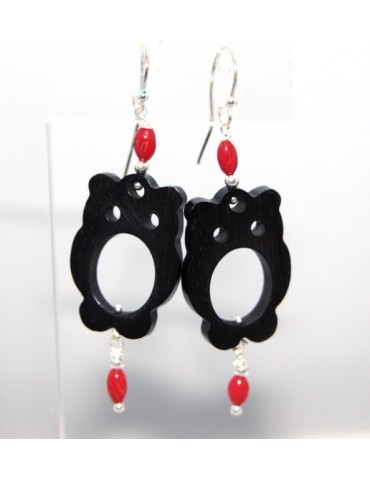 Women's earrings 925 stamped silver ebony owl and natural red coral beads