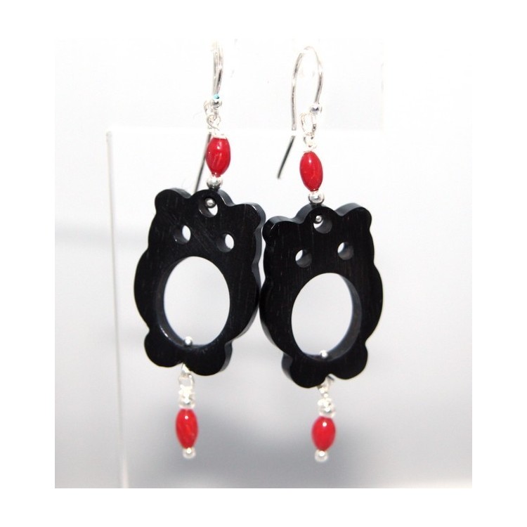 NLB|Women's earrings 925 stamped silver ebony owl and natural red coral beads