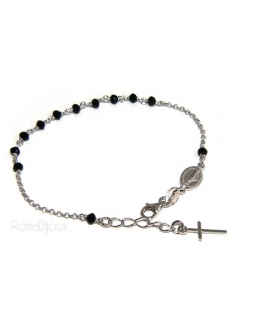 Bracciale rosario uomo donna in Argento 925 madonna miracolosa , croce e perle cristallo nero 17,00 - 20,00 cm