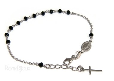 NLB|Bracciale rosario uomo donna in Argento 925 madonna miracolosa , croce e perle cristallo nero 17,00 - 20,00 cm