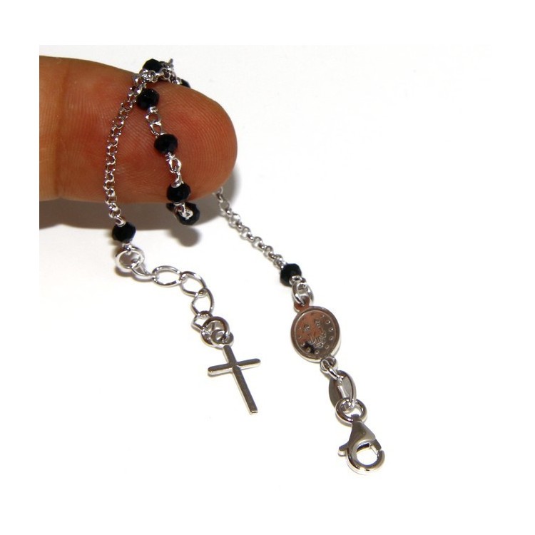 NLB|Bracciale rosario uomo donna in Argento 925 madonna miracolosa , croce e perle cristallo nero 17,00 - 20,00 cm