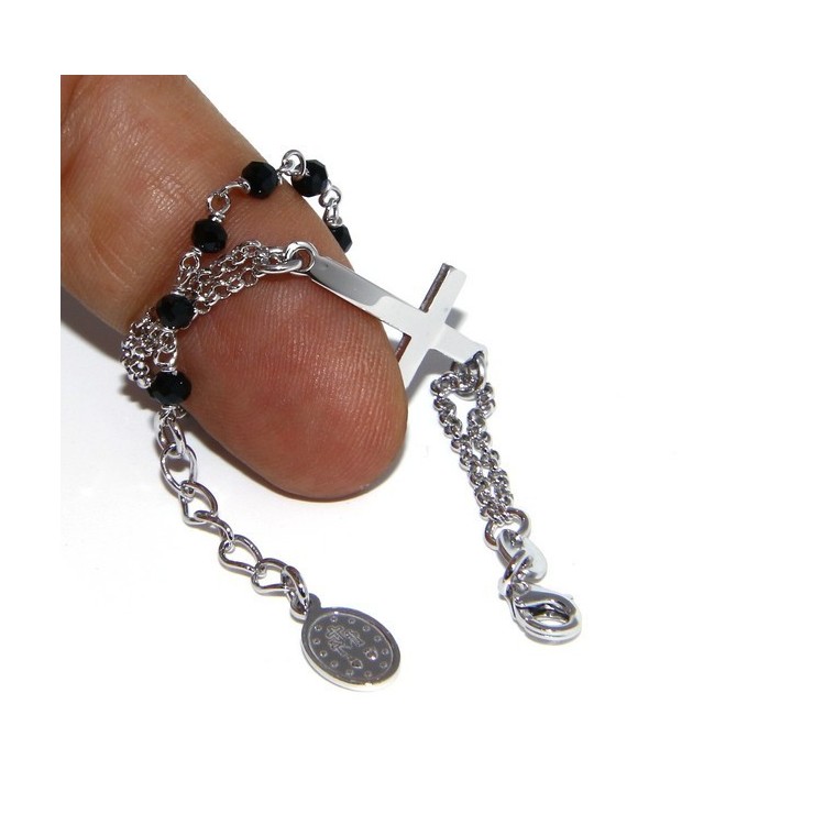 NLB|Rosary bracelet male female 925 miraculous Madonna, convex cross and black crystal. Mis from 15.50 to 17.50