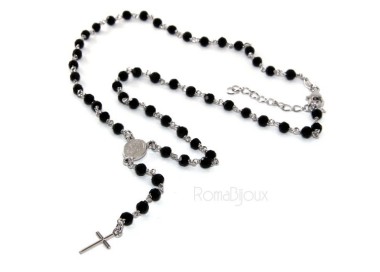 NLB|Collana Rosario uomo Argento 925 Con cristallo nero 4 mm croce e madonna miracolosa 44+5
