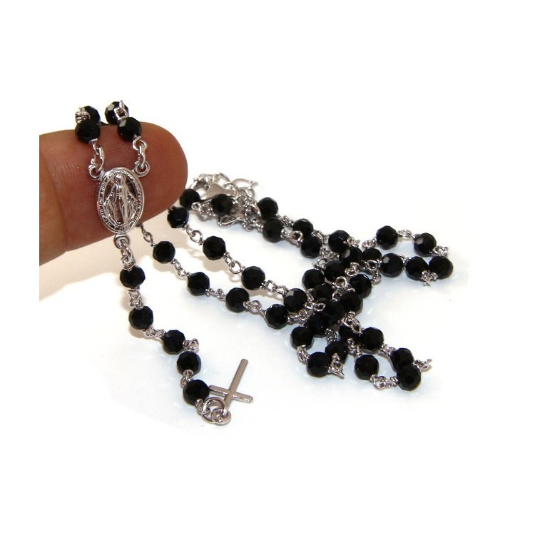 NLB|Rosary necklace man 925 With black crystal 4 mm cross and miraculous Madonna 44 + 5