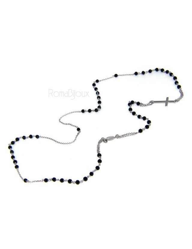 Collana Rosario uomo Argento 925 Con cristallo nero croce e madonna 66 cm