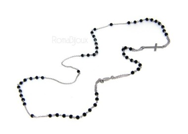 NLB|Collana Rosario uomo Argento 925 Con cristallo nero croce e madonna 66 cm