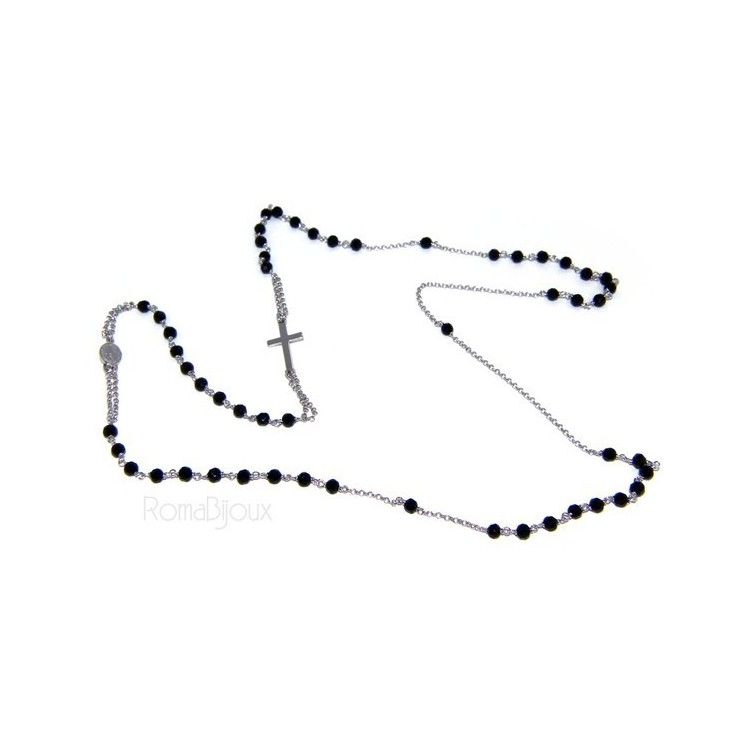 NLB|Collana Rosario uomo Argento 925 Con cristallo nero croce e madonna 66 cm