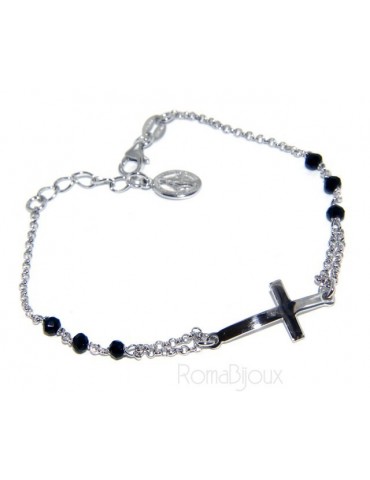 Bracciale rosario uomo in Argento 925 madonna miracolosa , croce convessa e cristallo nero . Mis 19,50