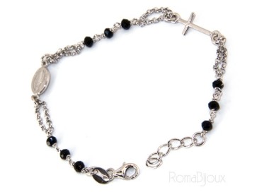 NLB|Bracciale rosario uomo donna Argento 925 madonna miracolosa , croce piccola e cristallo nero . Mis. 16,50 - 19,00