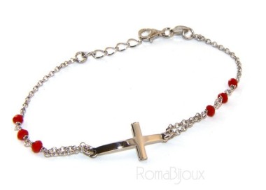 NLB|Bracciale rosario uomo donna in Argento 925 croce convessa e cristallo rosso . Mis 19,00