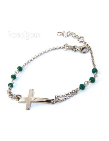 Bracciale rosario uomo donna in Argento 925 croce convessa e cristallo verde . cm 16,50 18,50