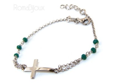 NLB|Rosary bracelet male female 925 silver  convex cross and green crystal. cm 16.50 18.50