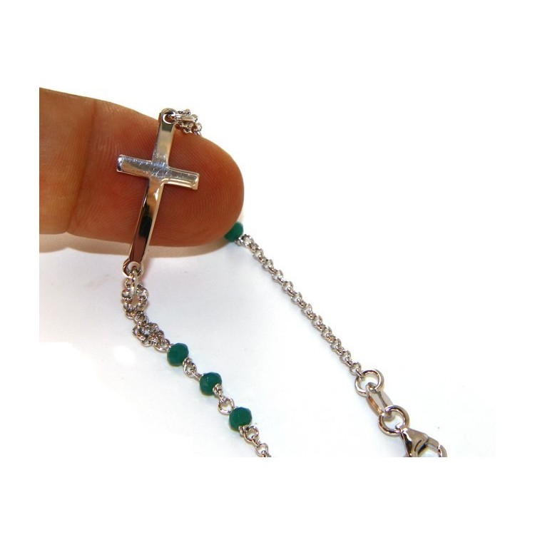 NLB|Rosary bracelet male female 925 silver  convex cross and green crystal. cm 16.50 18.50