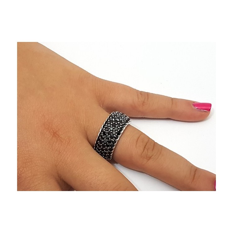 NLB|Argento 925 Rodiato : anello donna fascia fascione riviera con 5 file zirconi neri