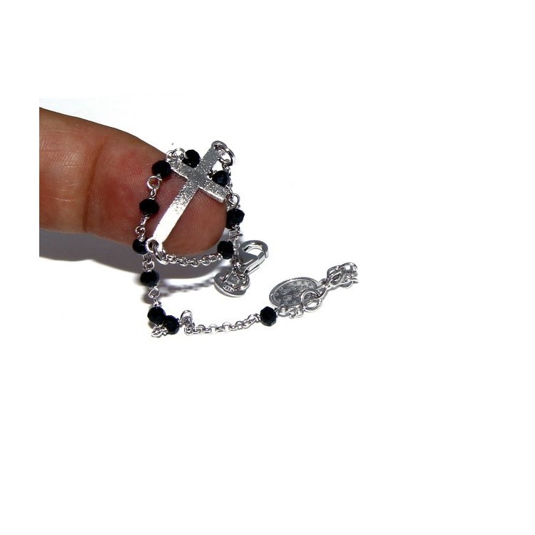NLB|Bracciale rosario uomo in Argento 925 madonna miracolosa croce convessa satinata e cristallo nero . cm 18-20