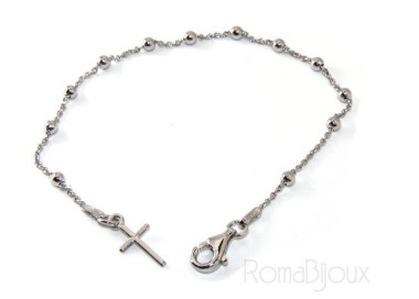 NLB|Bracciale rosario uomo o donna in Argento 925 croce liscia rod Oro bianco o giallo lungo corto