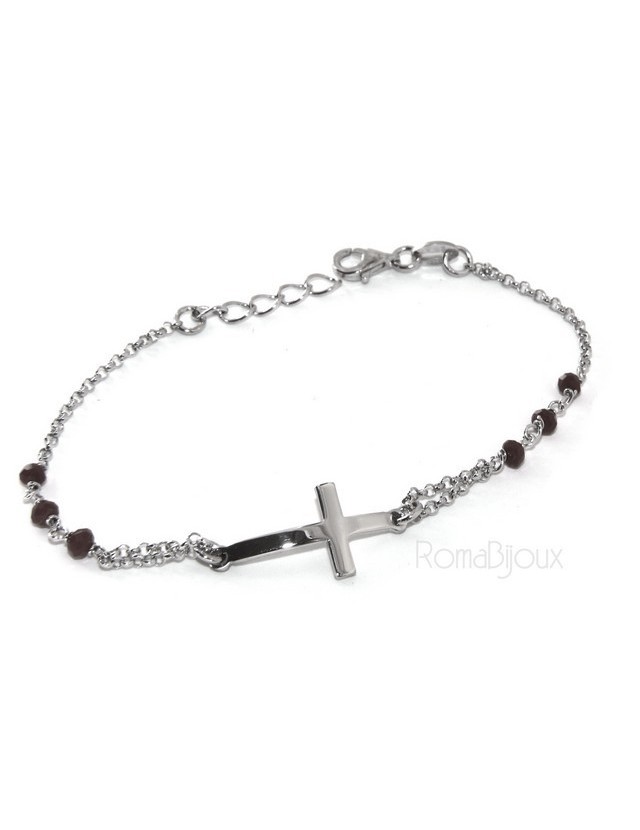 Bracciale rosario uomo donna in Argento 925 croce convessa e cristallo nero . cm 16,50 18,50 Bracciale rosario uomo donna in Argento 925 croce convessa e cristallo nero . cm 16,50 18,50
