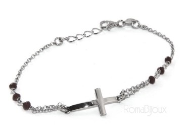 NLB|Bracciale rosario uomo donna in Argento 925 croce convessa e cristallo nero . cm 16,50 18,50