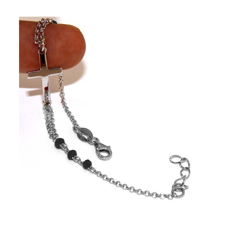 NLB|Rosary bracelet male female 925 silver  convex cross and black crystal. cm 16.50 18.50