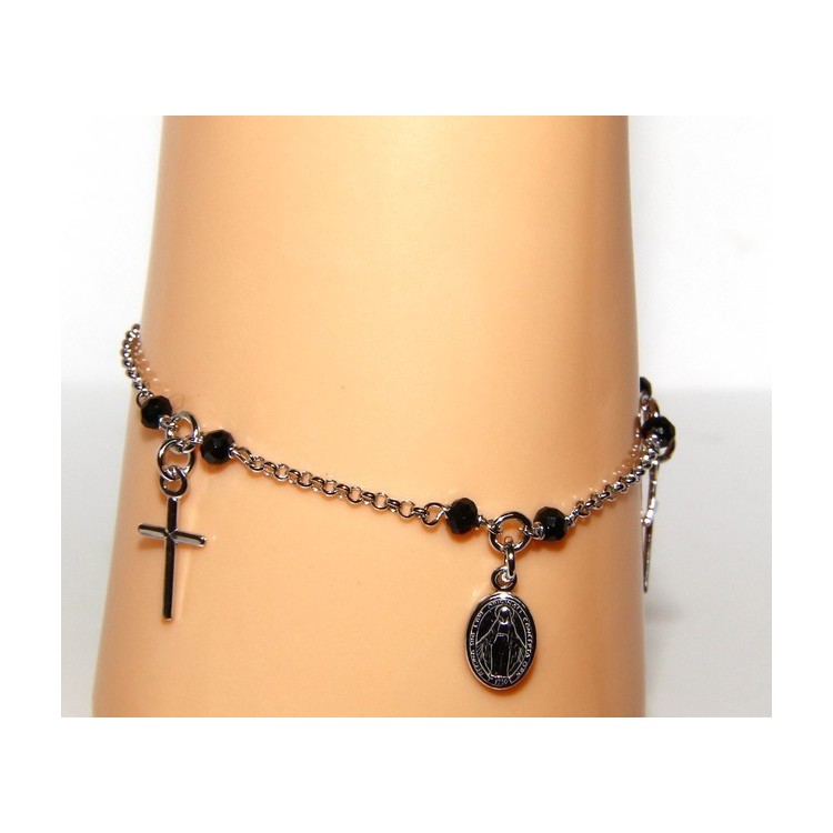 NLB|Bracciale rosario uomo donna Argento 925 cristallo nero , ciondoli croce madonna miracolosa cm 16,50 19,00