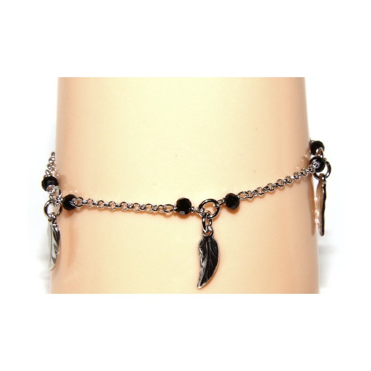 NLB|Bracciale lavorazione a rosario donna Argento 925 cristallo nero , ciondoli foglie