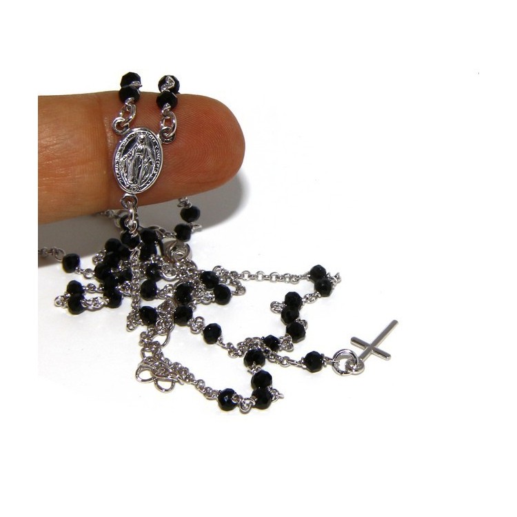 NLB|Collana Rosario uomo Argento 925 Con cristallo nero 3/3,5 mm croce e immagine madonna 49+5