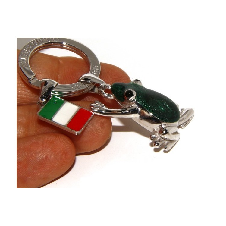 NLB|Portachiavi uomo o donna KeyRing rana frog smalto a fuoco realizzato a mano , tutto Argento 925 17,80 gr - amuleto