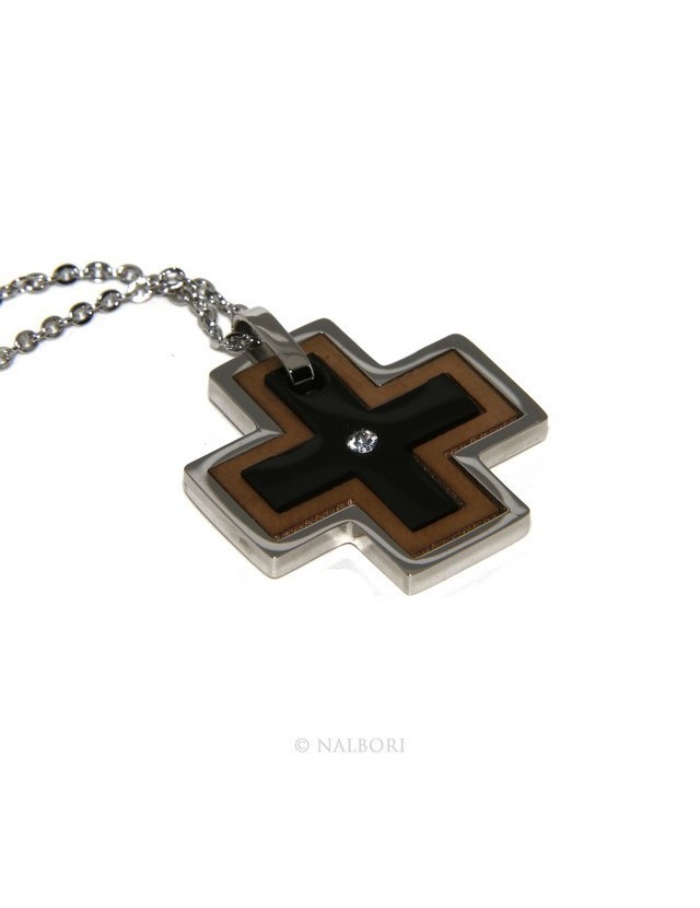 Steel hypoallergenic: Exclusive necklace © NALBORI rolo 'cross pendant puzzle 3 colors zircon