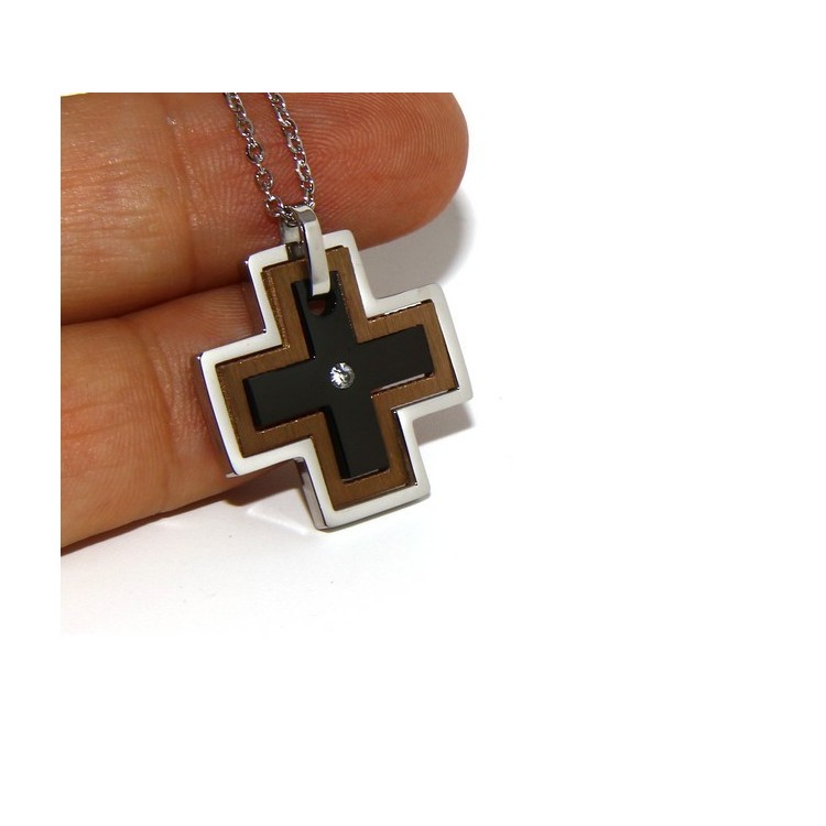 NLB|Acciaio anallergico : Esclusiva collana © NALBORI rolo' ciondolo croce puzzle 3 colori zircone