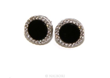 NLB|Stamped 925 silver : one pair of earrings 10mm man woman button black circle zirconia