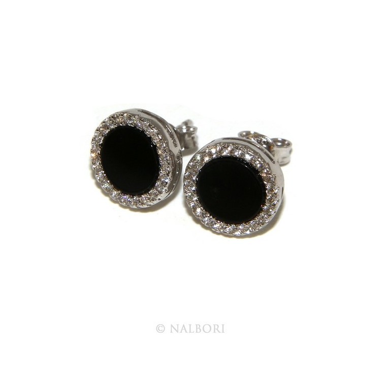 NLB|Argento 925 : coppia di orecchini 10mm uomo donna bottone cerchio nero pavè zirconi