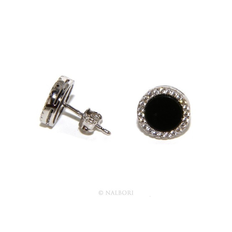 NLB|Argento 925 : coppia di orecchini 10mm uomo donna bottone cerchio nero pavè zirconi
