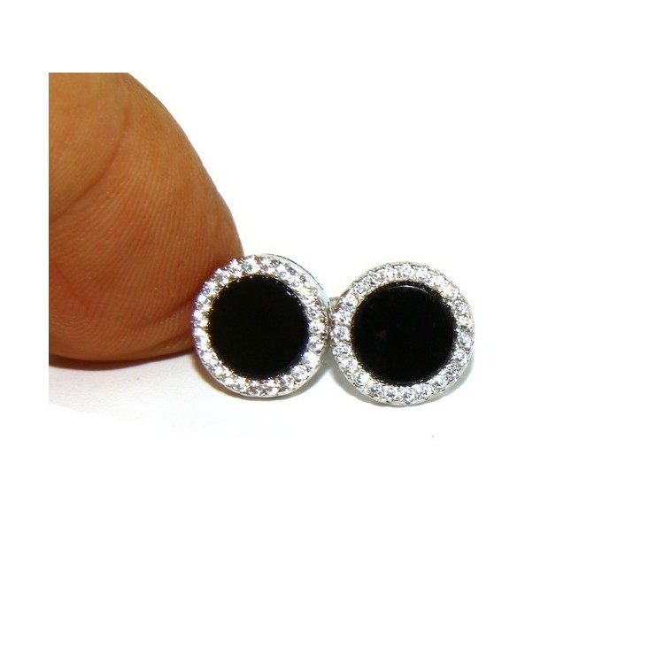 NLB|Argento 925 : coppia di orecchini 10mm uomo donna bottone cerchio nero pavè zirconi