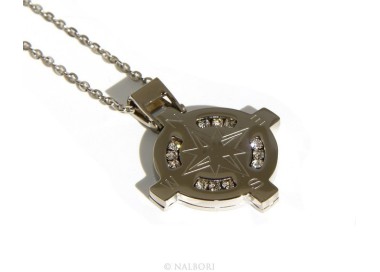 NLB|Stainless steel: Exclusive necklace rolo 'man rose pendant woman winds 12 white cubic zirconia