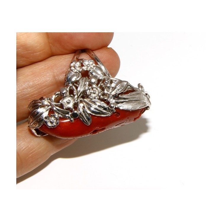 NLB|Argento 925 : grande anello donna barocco regolabile realizzato a mano con corallo verace rosso naturale