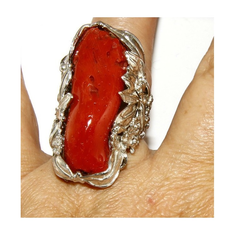NLB|925: big ring adjustable Baroque woman handmade with genuine natural red coral