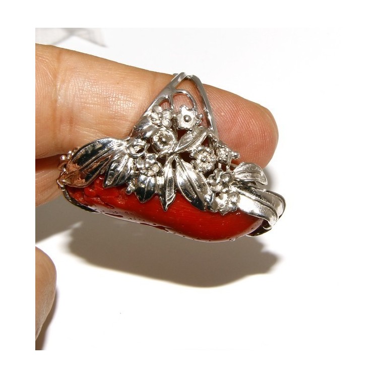 NLB|925: big ring adjustable Baroque woman handmade with genuine natural red coral