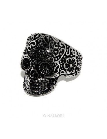 Hypoallergenic stainless steel: Mexican skull ring man woman skull 3D burnished