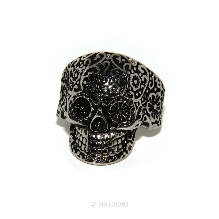 NLB|Hypoallergenic stainless steel: Mexican skull ring man woman skull 3D burnished