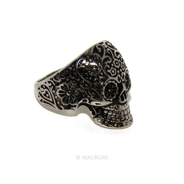NLB|Acciaio Anallergico inossidabile : anello uomo donna teschio messicano skull 3D brunito