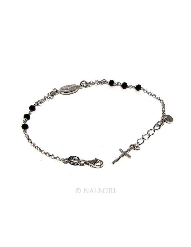 Bracciale rosario uomo donna in Argento 925 madonna miracolosa , croce e cristallo nero 16,00 18,50 cm Bracciale rosario uomo donna in Argento 925 madonna miracolosa , croce e cristallo nero 16,00 18,50 cm